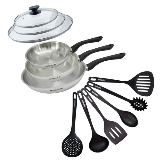 Set 3 poêles 20 24 et 28 cm en inox, couvercles verre et 6 ustensiles Fackelmann Geneva