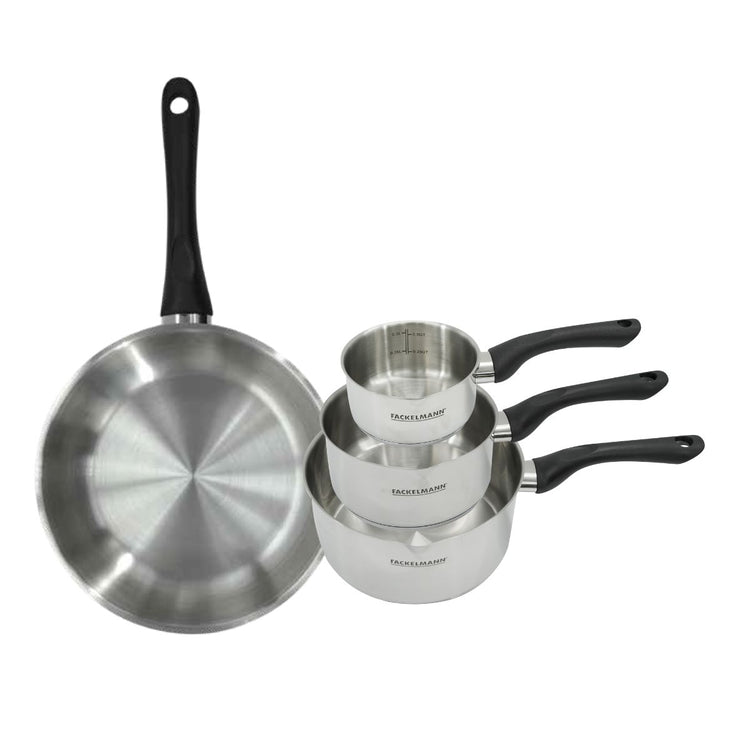 Set poêle 28 cm et 3 casseroles 12 16 et 20 cm en inox Fackelmann Geneva