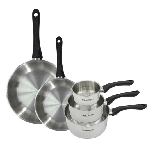 Set 2 poêles 24 et 28 cm et 3 casseroles 12 16 et 20 cm en inox Fackelmann Geneva