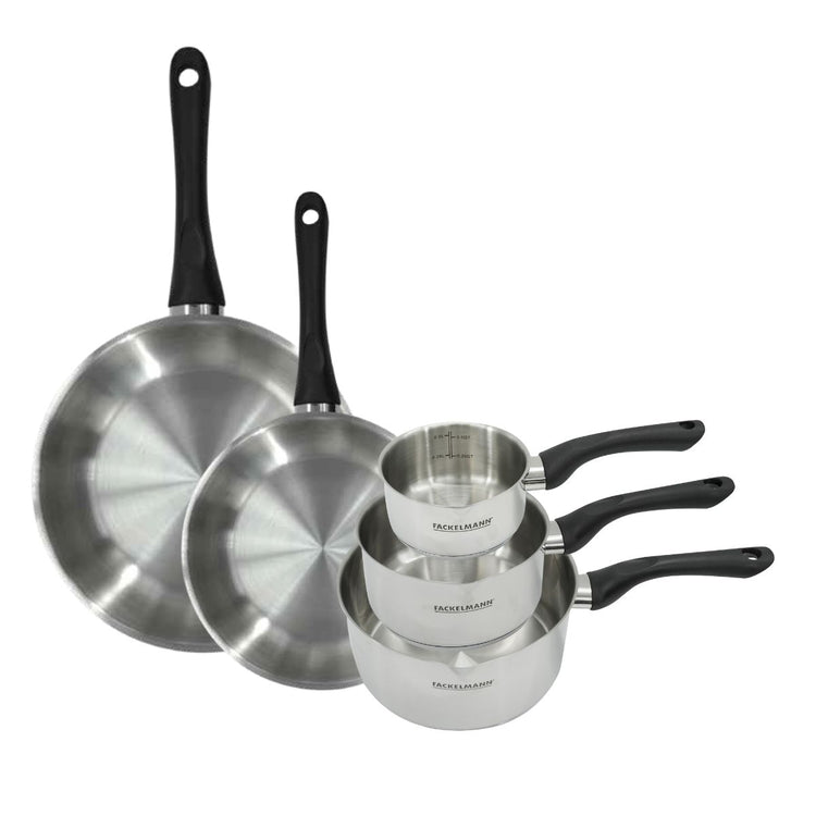 Set 2 poêles 24 et 28 cm et 3 casseroles 12 16 et 20 cm en inox Fackelmann Geneva
