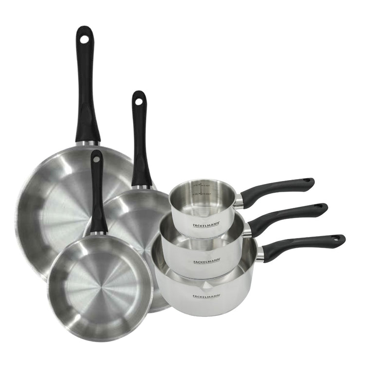 Set 3 poêles 20 24 et 28 cm et 3 casseroles 12 16 et 20 cm en inox Fackelmann Geneva