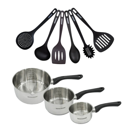 Set 3 casseroles 12 16 et 20 cm en inox et 6 ustensiles Fackelmann Geneva