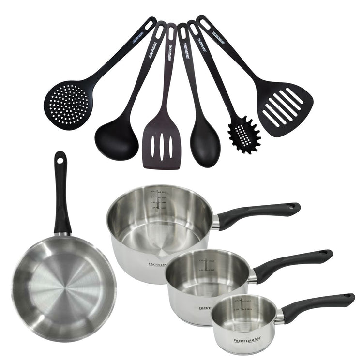 Set 1 poêle 20 cm 3 casseroles 12 16 et 20 cm en inox et 6 ustensiles Fackelmann Geneva