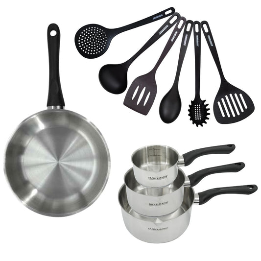 Set 1 poêle 28 cm 3 casseroles 12 16 et 20 cm en inox et 6 ustensiles Fackelmann Geneva