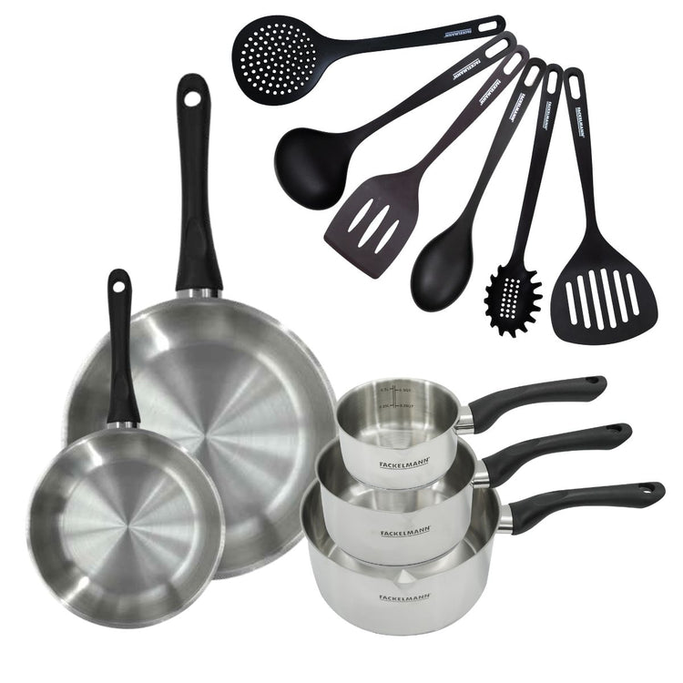 Set 2 poêles 20 et 28 cm 3 casseroles 12 16 et 20 cm en inox et 6 ustensiles Fackelmann Geneva