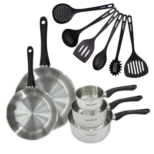 Set 2 poêles 24 et 28 cm 3 casseroles 12 16 et 20 cm en inox et 6 ustensiles Fackelmann Geneva