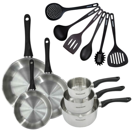 Set 3 poêles 20 24 et 28 cm 3 casseroles 12 16 et 20 cm en inox et 6 ustensiles Fackelmann Geneva