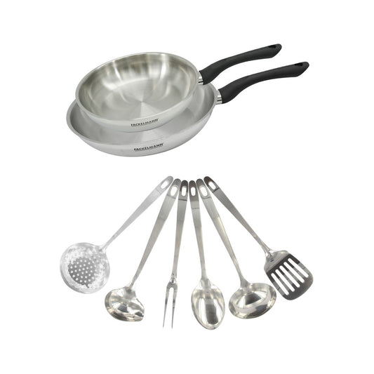 Set 2 poêles 24 et 28 cm en inox et 6 ustensiles inox Fackelmann Geneva