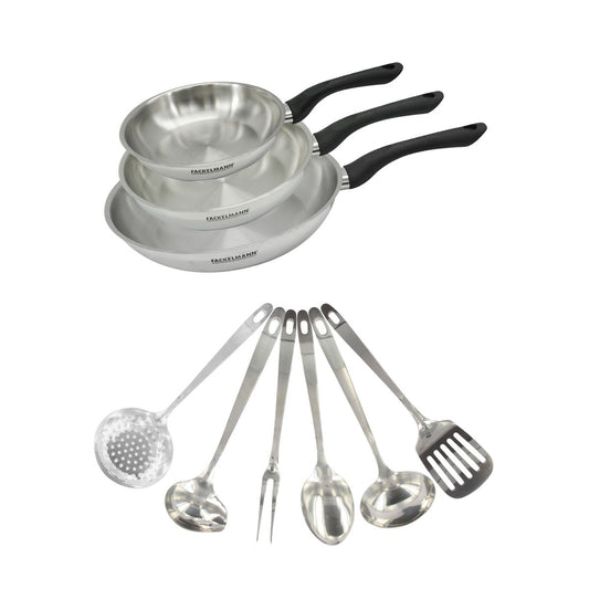 Set 3 poêles 20 24 et 28 cm en inox et 6 ustensiles inox Fackelmann Geneva
