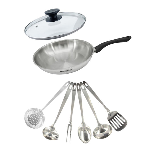 Set poêle 28 cm en inox, couvercle verre et 6 ustensiles inox Fackelmann Geneva