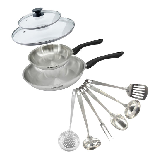 Set 2 poêles 20 et 28 cm en inox, couvercle verre et 6 ustensiles inox Fackelmann Geneva