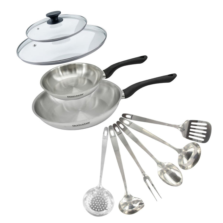 Set 2 poêles 20 et 28 cm en inox, couvercle verre et 6 ustensiles inox Fackelmann Geneva