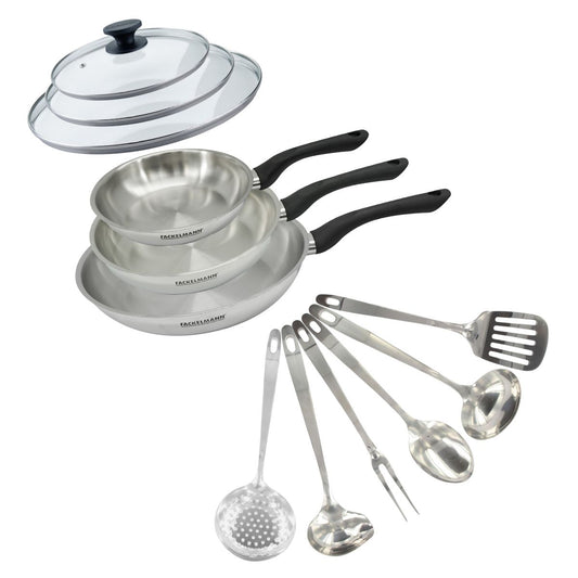 Set 3 poêles 20 24 et 28 cm en inox, couvercles verre et 6 ustensiles inox Fackelmann Geneva