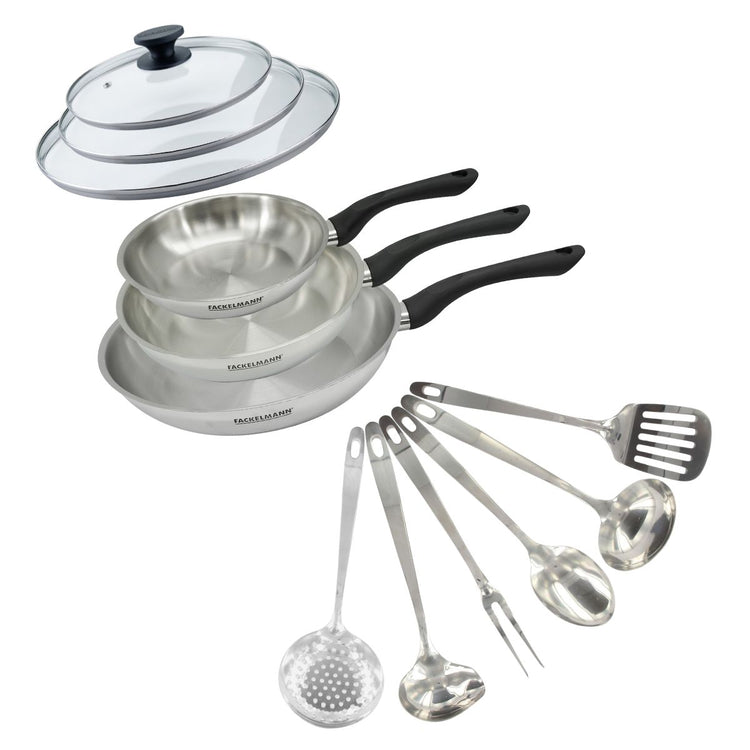 Set 3 poêles 20 24 et 28 cm en inox, couvercles verre et 6 ustensiles inox Fackelmann Geneva