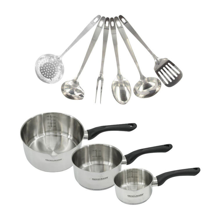 Set 3 casseroles 12 16 et 20 cm en inox et 6 ustensiles inox Fackelmann Geneva