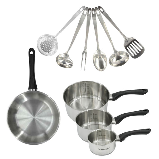 Set 1 poêle 24 cm, 3 casseroles en inox et 6 ustensiles inox Fackelmann Geneva