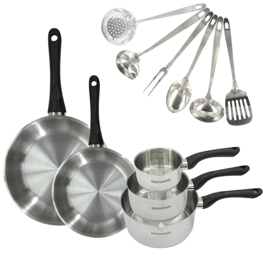 Set 2 poêles 20 et 28 cm, 3 casseroles en inox et 6 ustensiles inox Fackelmann Geneva