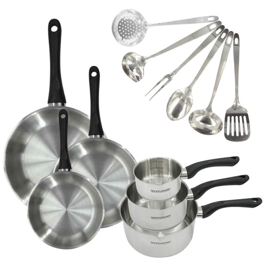 Set 3 poêles 20 24 et 28 cm, 3 casseroles en inox et 6 ustensiles inox Fackelmann Geneva