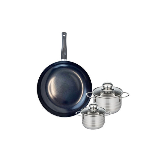 Ensemble de 1 Poêle de cuisson 28 cm et 2 faitouts 12 et 14 cm Elo Prima Brillant