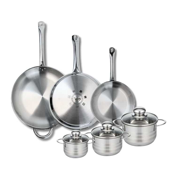 Ensemble de 3 Poêles de cuisson 24, 28 et 32 cm et 3 faitouts 12, 14 et 16 cm Elo Profi Brillant