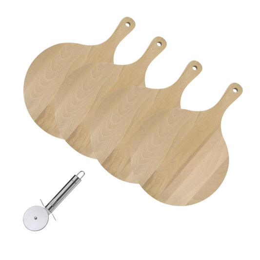 4 Planches à pizza et tarte flambée en bois 30 cm et Roulette à pizza en inox Fackelmann