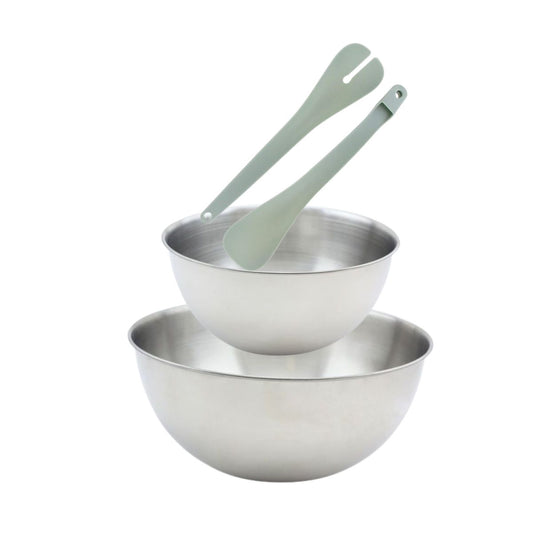 Set de 2 Saladiers en inox de 20,5 cm et 25 cm de diamètre et couverts à salade en plastique Fackelmann