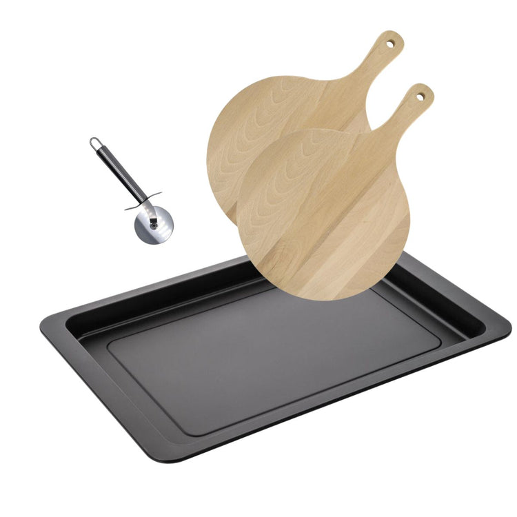 Ensemble pour pizza avec une plaque de cuisson four, 2 planches à pizza rondes et une roulette à pizza Fackelmann