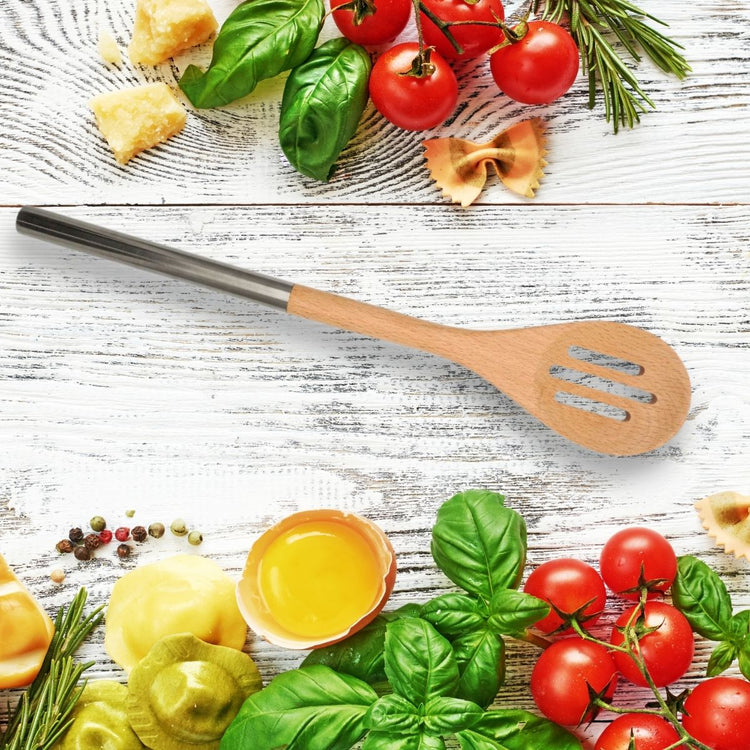 Ensemble de 2 Cuillères en bois ajourée avec manche inox 34 cm en tout Fackelmann Boissellerie