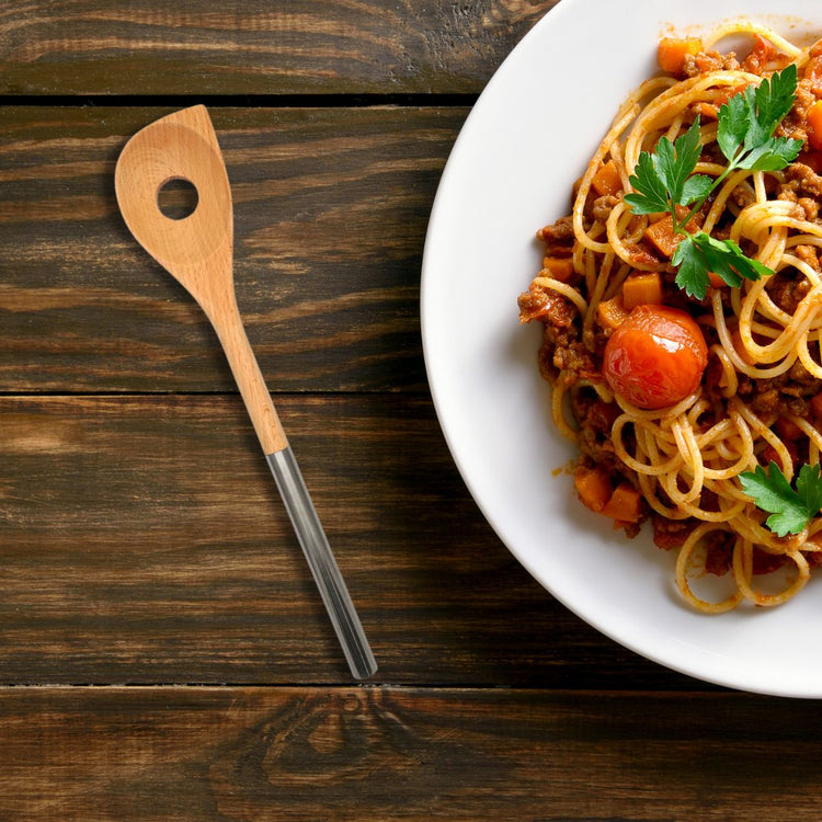 Ensemble de 2 Cuillères en bois biseautée avec un trou manche inox 34 cm Fackelmann Boissellerie