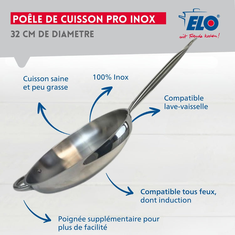 Ensemble de poêle et couvercle en verre de 32 cm Elo Profi Therm