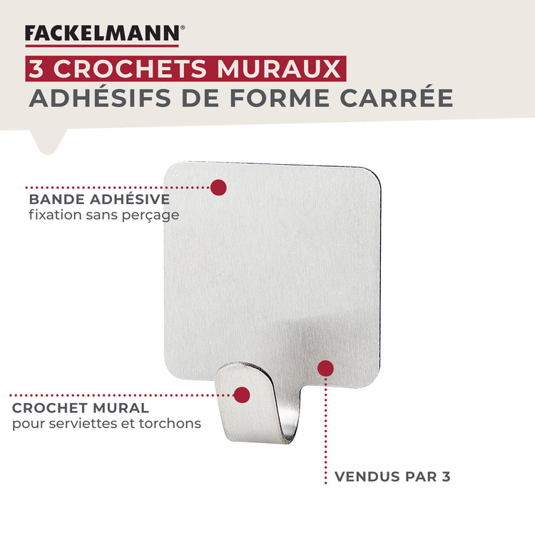 Lot de 3 crochets adhésifs carrés en acier inoxydable Fackelmann Tecno