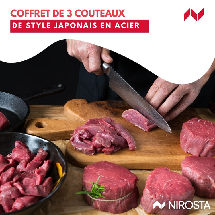 Coffret de 3 couteaux style Japonais en acier Santoku, Gyuto et Honesuki