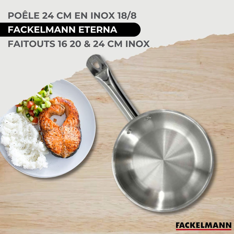 Set poêle 24 cm en inox, 3 faitouts inox 16, 20 et 24 cm et 5 ustensiles Fackelmann Eterna