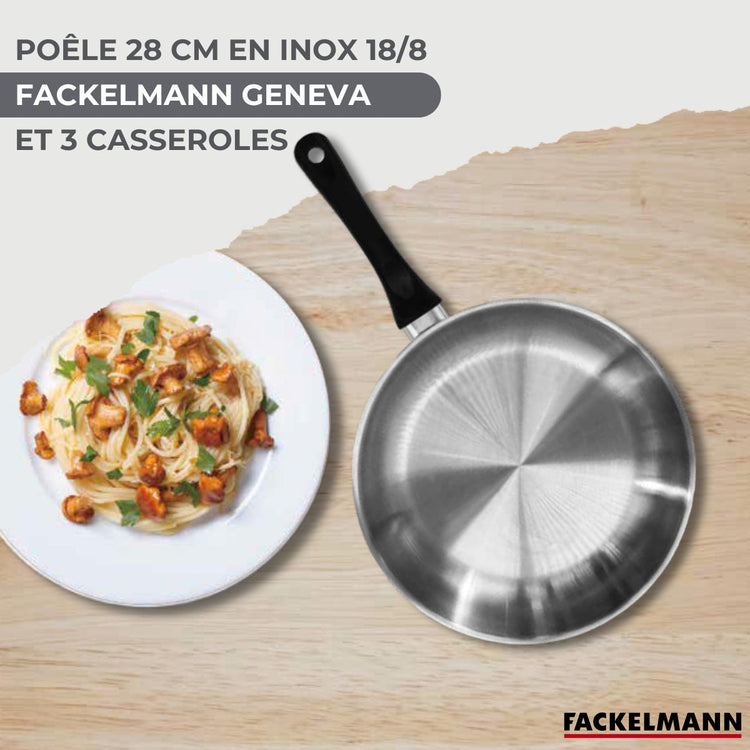 Lot 3 Casseroles 12/16/20 cm et 1 Poêle 28 cm Fackelmann Geneva avec 5 ustensiles de cuisine