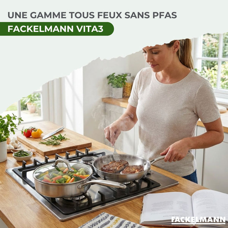Set de 2 poêles de cuisson 24/24 cm en acier inoxydable avec 1 couvercle de cuisson universel Fackelmann Vita3