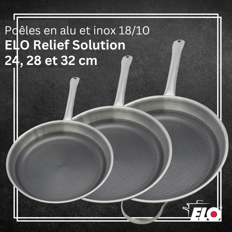 Set de 3 poêles de cuisson 24/28/32 cm en acier inoxydable avec 3 ustensiles de cuisson sans PFAS Elo Relief Solution