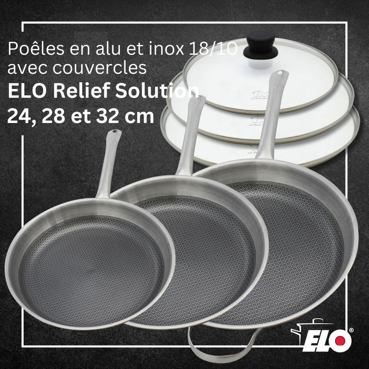 Lot de 3 poêles 24, 28 et 32 cm et couvercles Elo Relief Solutions sans PFAS