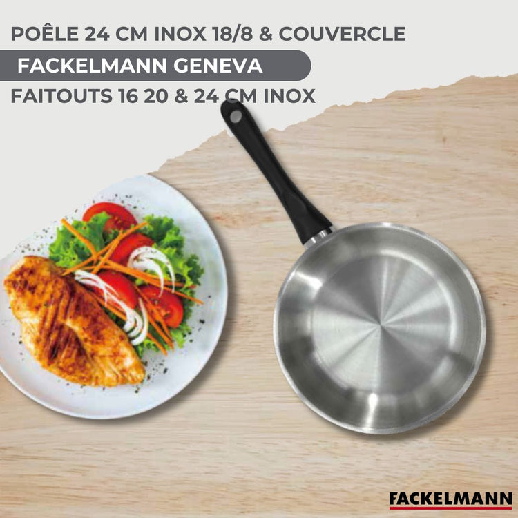 Set de 1 poêle 24 cm en inox, couvercle verre, 3 faitouts inox 16, 20 et 24 cm et 6 ustensiles RPET Fackelmann Geneva
