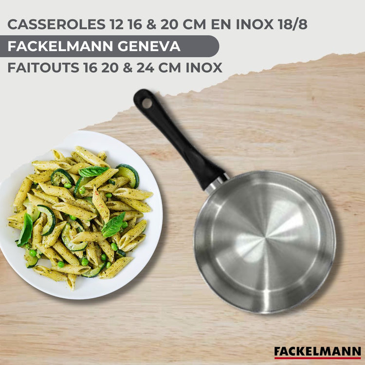 Batterie de cuisine avec 3 casseroles 12/16/20 cm et 3 faitouts 16/20/24 cm en inox sans PFAS Fackelmann Généva Brillant