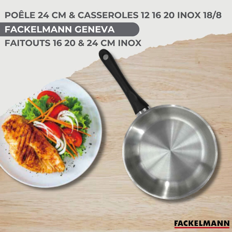 Batterie de cuisine avec 1 poêle 24 cm 3 casseroles 12/16/20 cm et 3 faitouts 16/20/24 cm en inox sans PFAS Fackelmann Généva Brillant