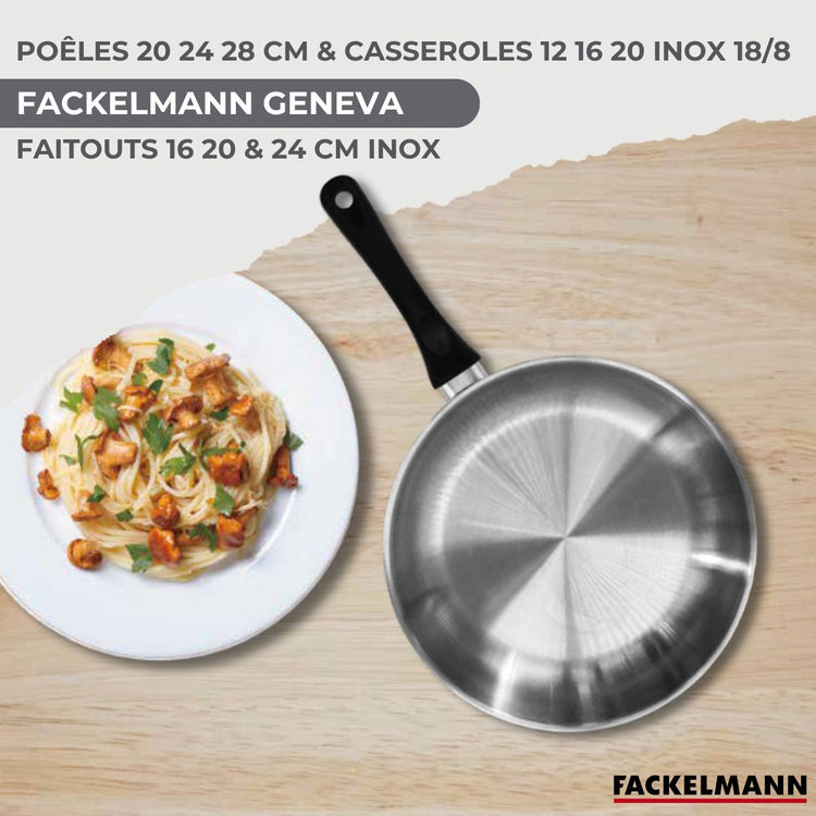 Batterie de cuisine avec 3 poêles 20/24/28 cm 3 casseroles 12/16/20 cm et 3 faitouts 16/20/24 cm en inox sans PFAS Fackelmann Généva Brillant