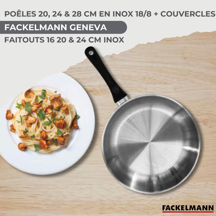 Set de 3 poêles 20, 24, 28 cm inox, couvercles verre, 3 faitouts inox 16, 20 et 24 cm et 6 ustensiles inox Fackelmann Geneva