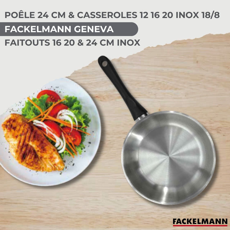 Set 1 poêle 24 cm 3 casseroles 12 16 20 cm, 3 faitouts 16, 20 et 24 cm en inox et 6 ustensiles inox Fackelmann Geneva