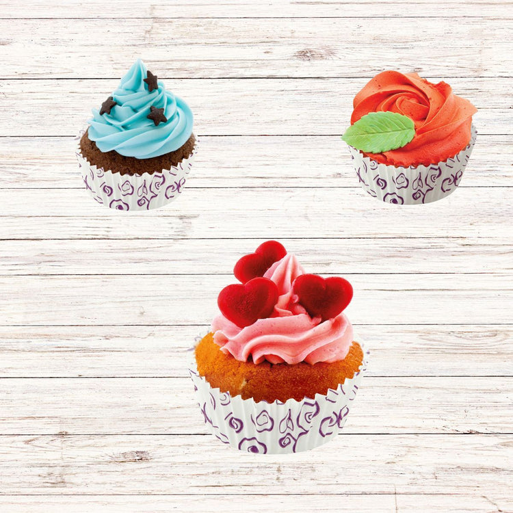 Ensemble comprenant 50 moules à muffins en papier motif fleur violette Zenker, 2 bols à mixer en inox Fackelmann