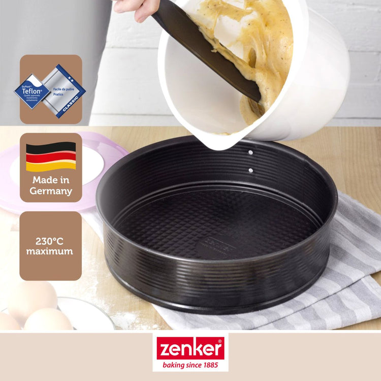 Lot comprenant 1 Moule à manqué 24 cm, 1 spatule Zenker et 2 bols à mixer en inox Fackelmann