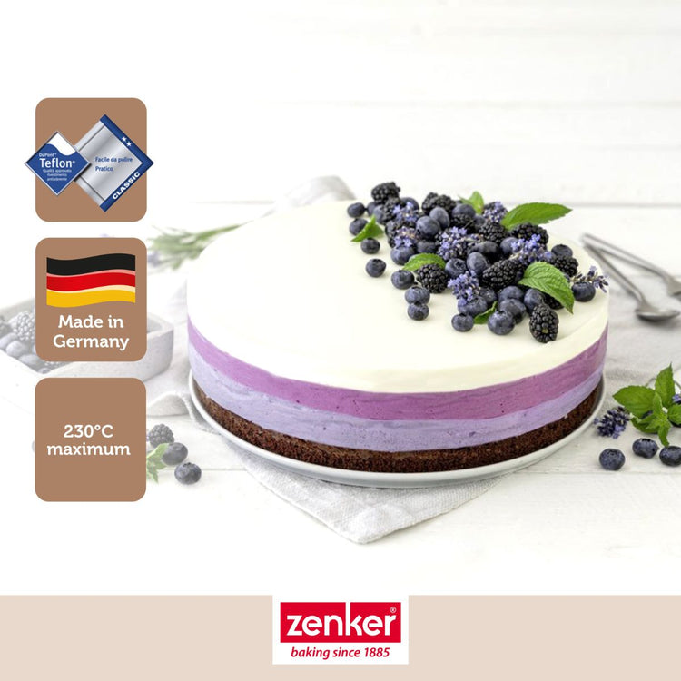 Set à pâtisserie avec 1 Moule à charnière rond 28 cm à fond plat, 1 spatule Zenker et 2 bols à mixer en inox Fackelmann