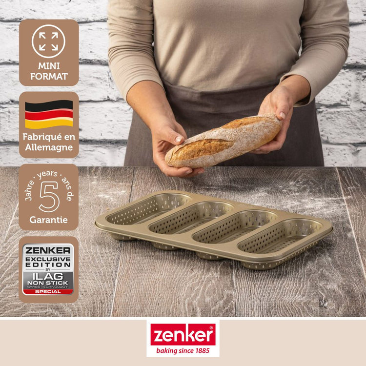 Lot comprenant 1 moule 4 mini baguettes, 1 spatule Zenker et 2 bols à mixer en inox Fackelmann