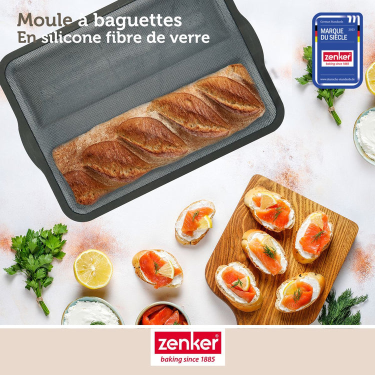 Set pâtisserie avec moule 2 baguettes de pain 36 x 26 cm en silicone, 2 bols à mixer, verre mesureur et spatule Zenker