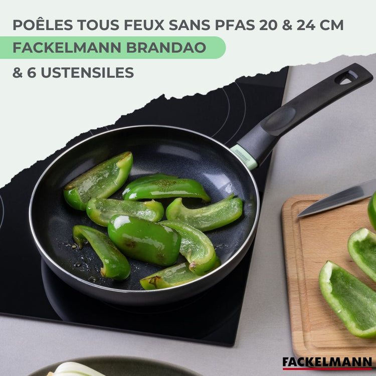 Ensemble de 2 poêles de 20 et 24 cm et 6 ustensiles Fackelmann Brandao