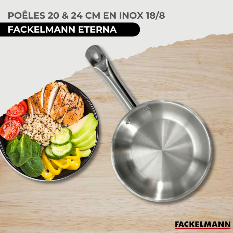 Set de 2 poêles de 20 et 24 cm en inox, 2 couvercles en verre et 6 ustensiles Fackelmann Eterna